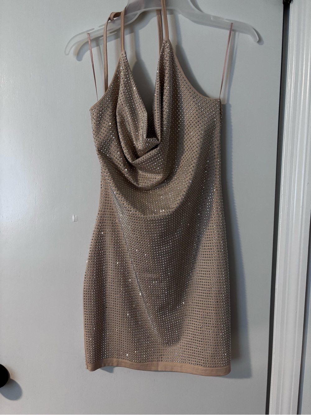 Nude Rhinestone Cowl Neck Mini Dress